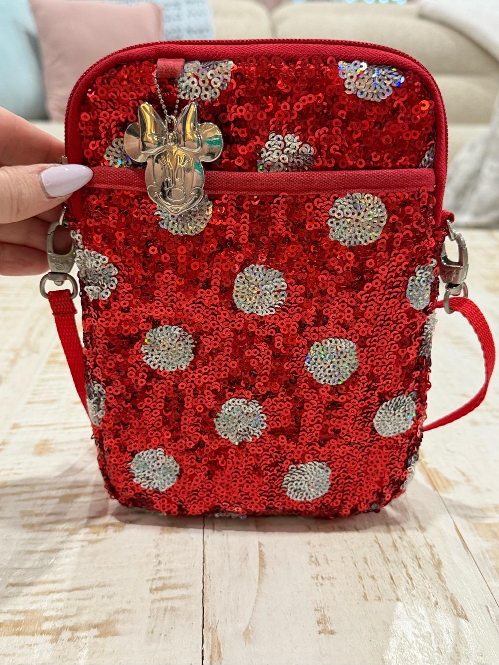 Disney Parks Red Sequins Polka Dot Crossbody Bag Red and White Minnie Mouse - Picture 3 of 14